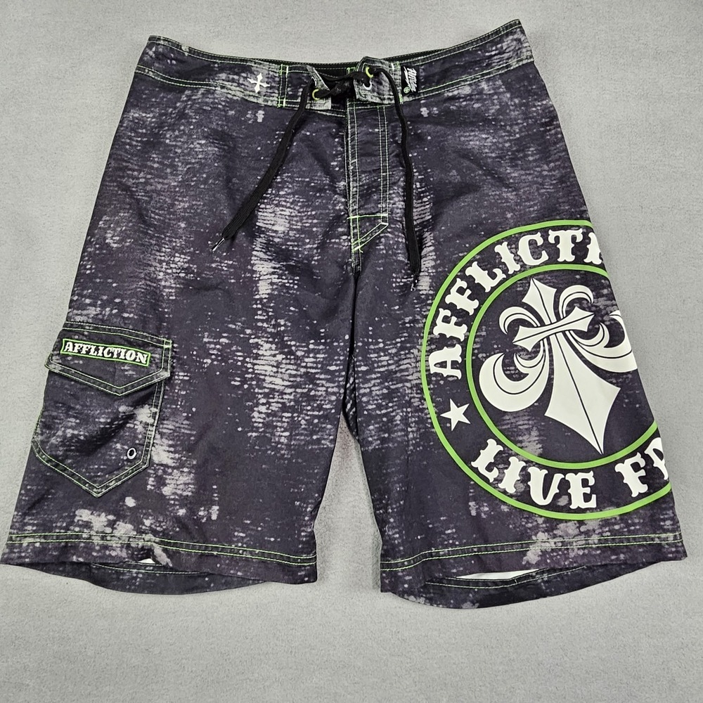 Affliction Men's Board Shorts Size 34 Swim Trunks Live Fast Logo‎ Black Green